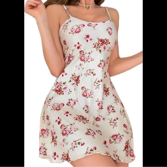Cream White & Pink, Floral, Night Slip - Picture 7 of 8